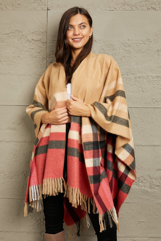 e.Luna Plaid Shawl Poncho Cardigan