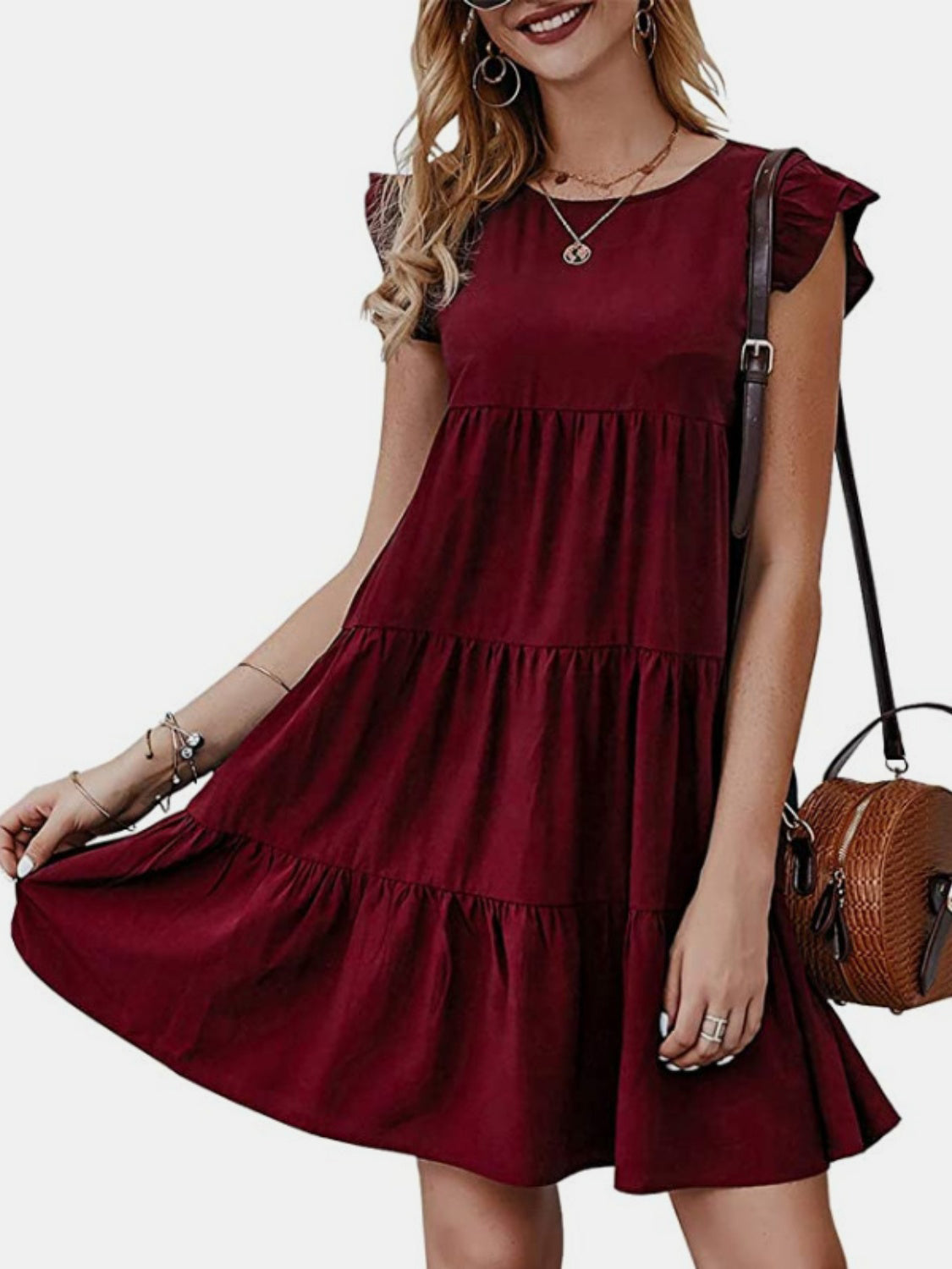 Ruffled Round Neck Cap Sleeve Mini Dress