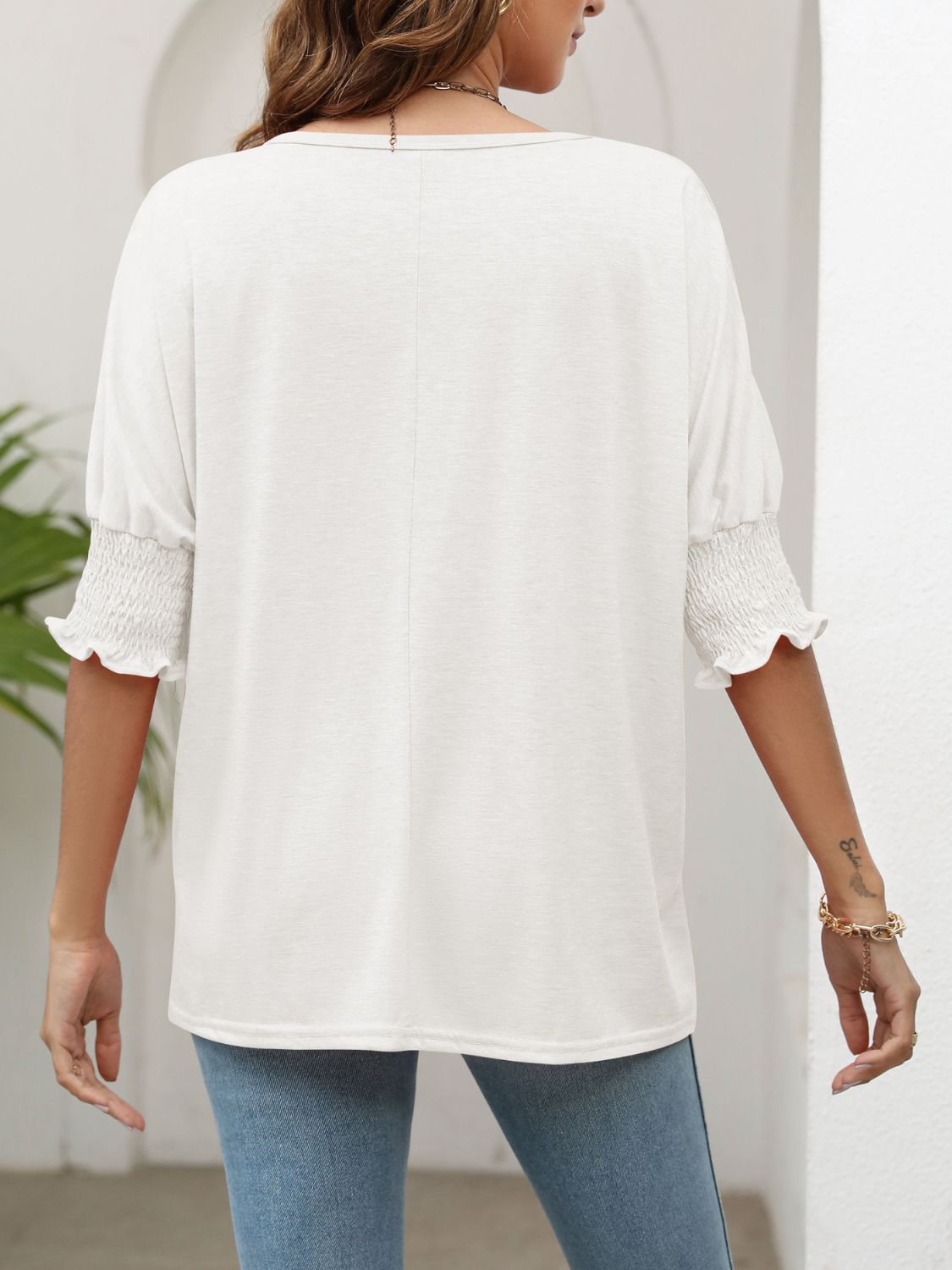 Smocked Flounce Sleeve Round Neck T-Shirt