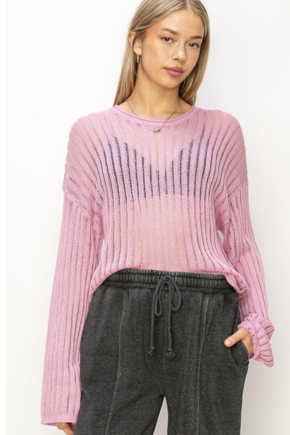 HYFVE Openwork Ribbed Long Sleeve Knit Top