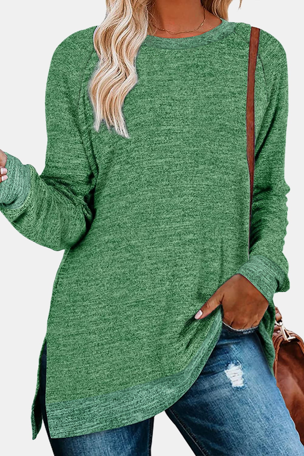 Round Neck Long Sleeve Slit T-Shirt