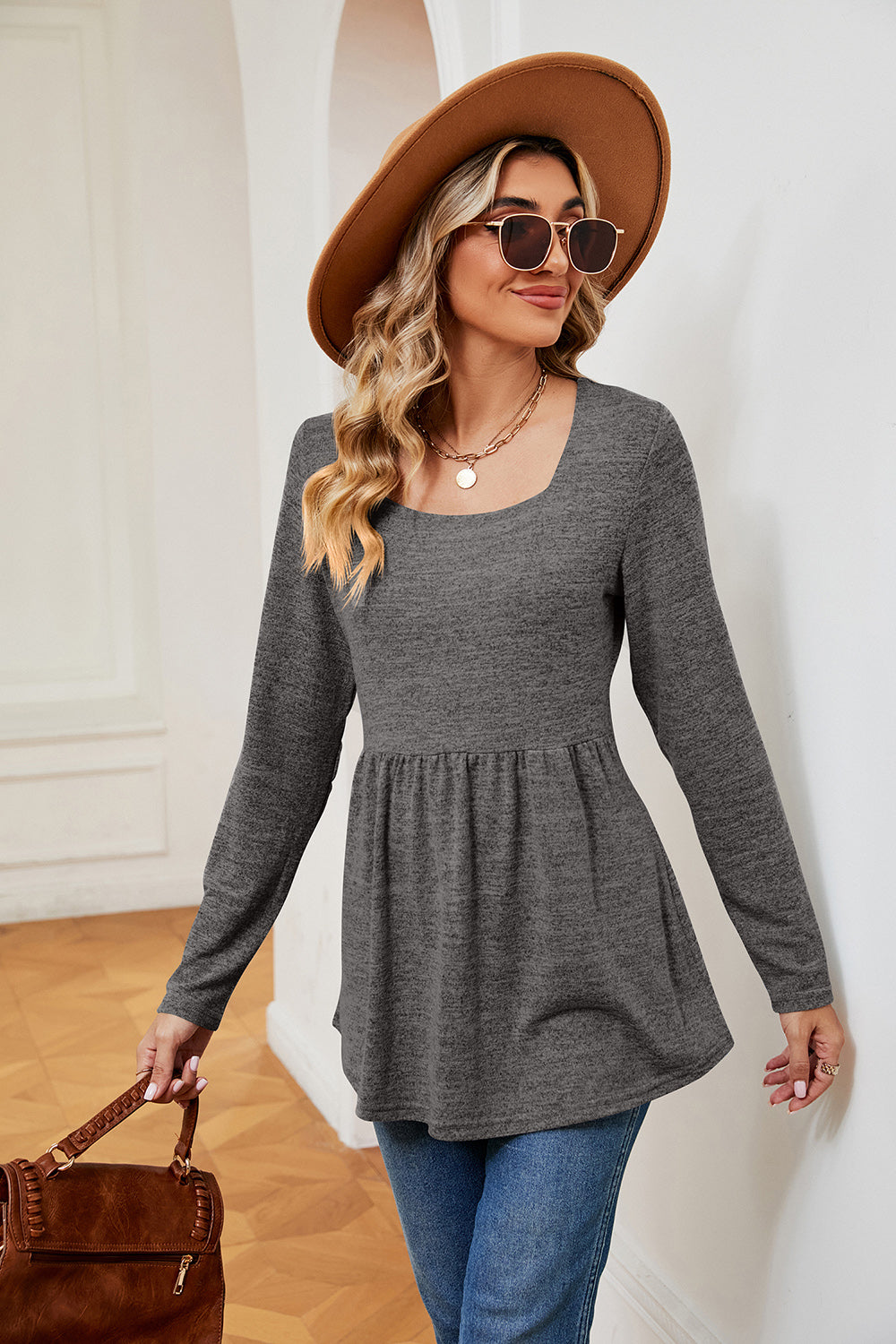 Square Neck Long Sleeve Peplum Top