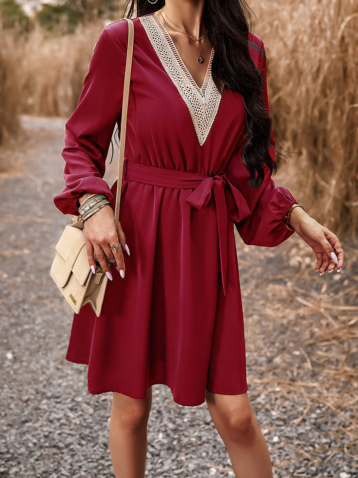 Long Sleeve Tie Waist V-Neck Mini Dress