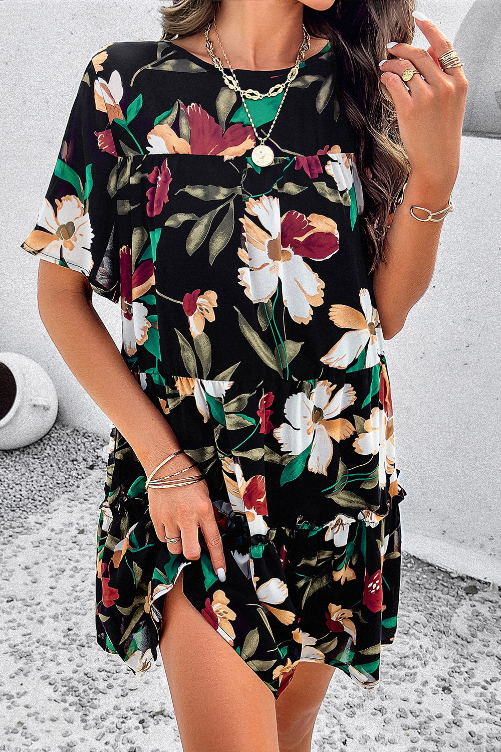 Printed Tiered Round Neck Mini Dress