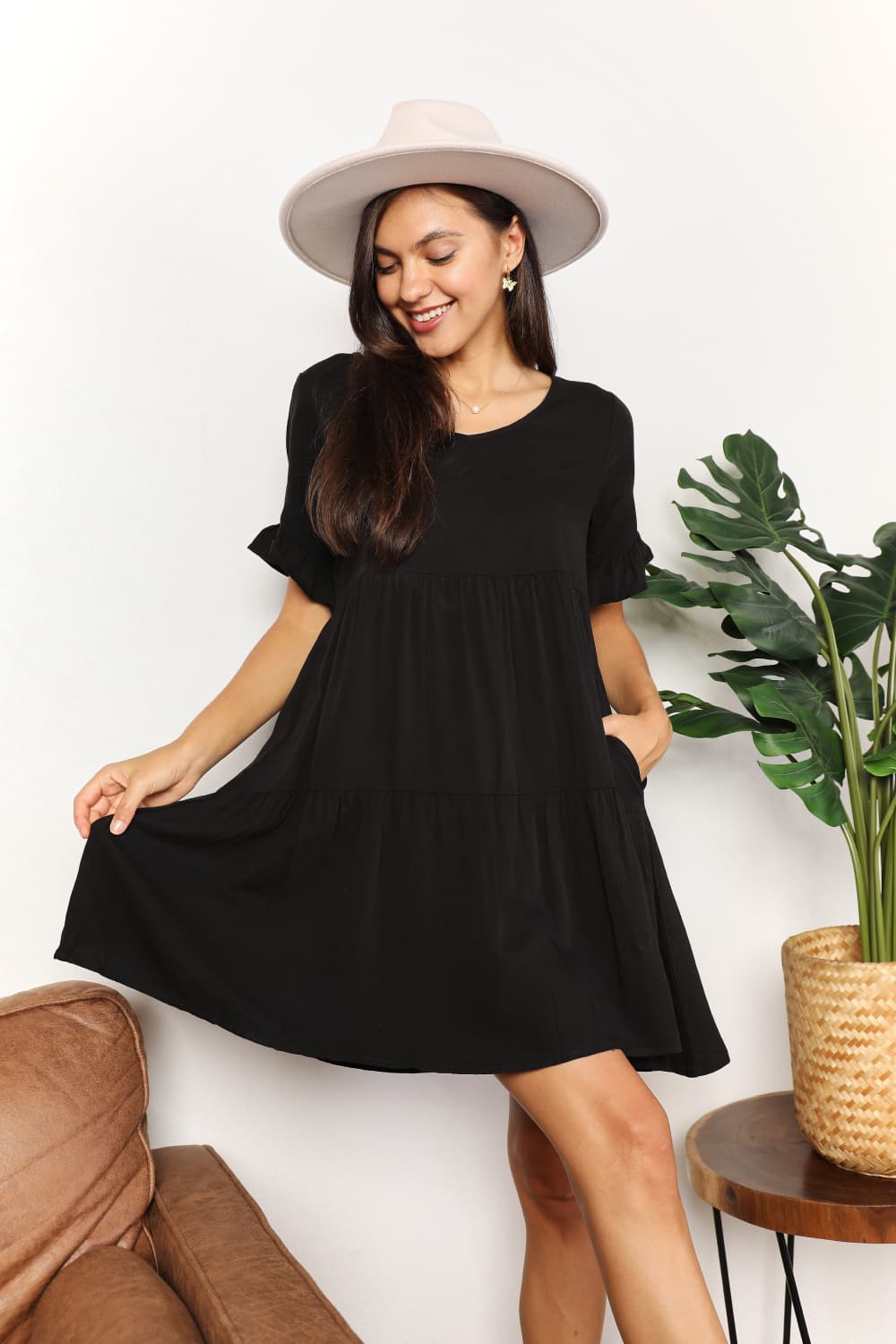 Double Take V-Neck Flounce Sleeve Tiered Dress