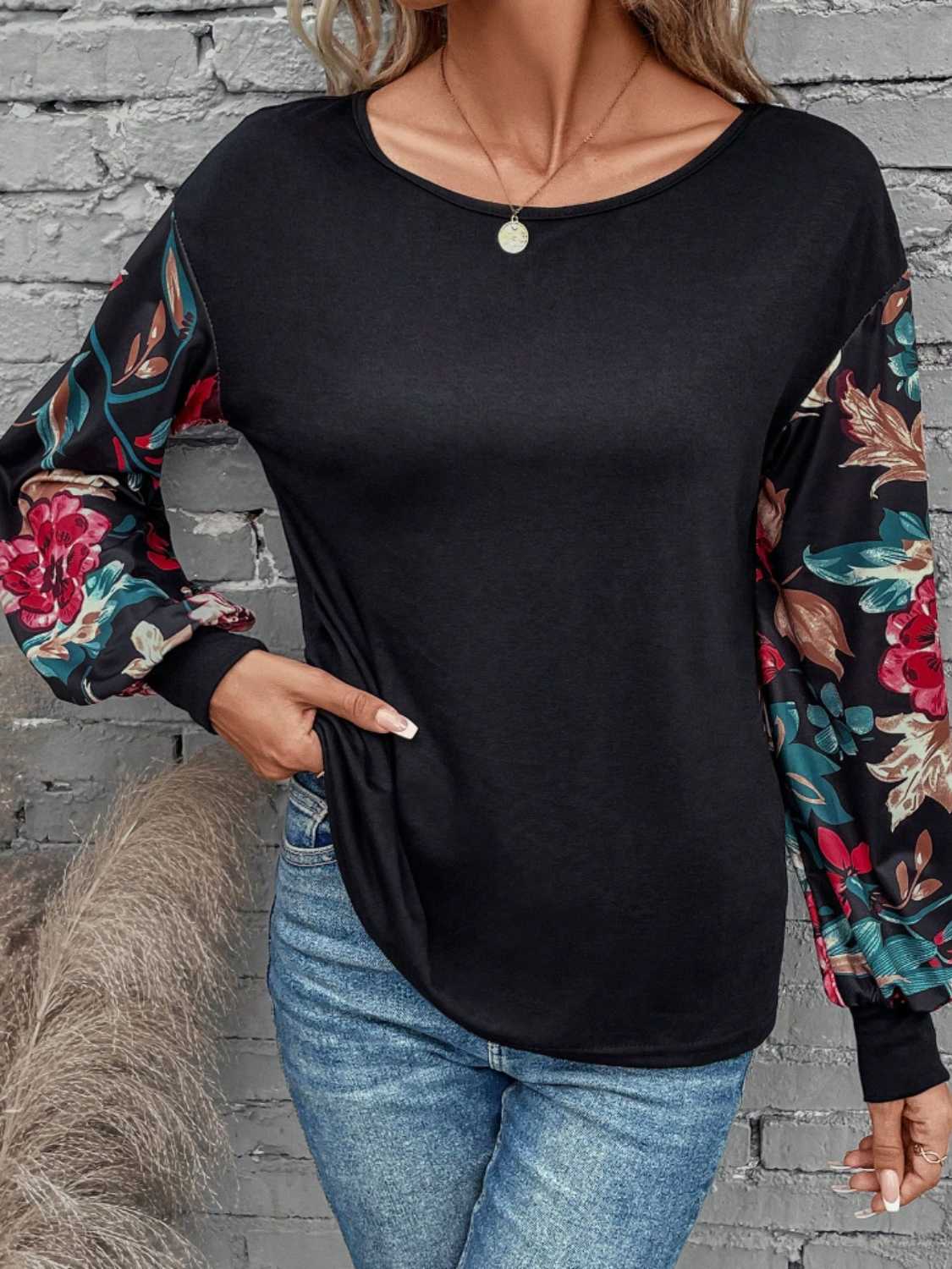 Floral Round Neck Long Sleeve Top